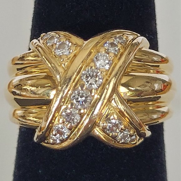 Vintage Tiffany & Co 18K Yellow Gold Diamond Signature X Band Ring - Picture 5 of 16